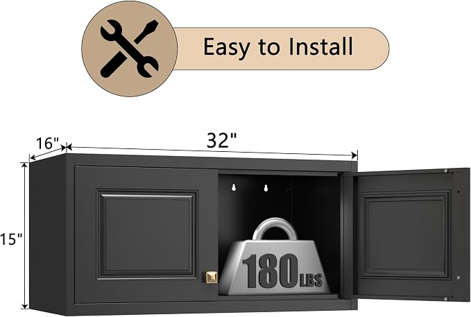 32" Wall Storage Cabinet with 2 Doors & Gold Handle | Black Metal, Hanging Design, for Bathroom, Kitchen, Rust-Resistant, Anti-Tip, Easy Assembly, Hardware Included