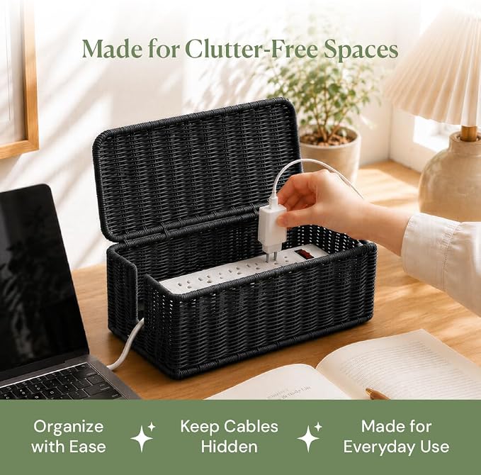 Cable Management Box, Handmade Rattan Cable Organizer with 2 Open Slots, Cord Hider for Power Strip, Router & USB Hub, Registered U.S. Design Patent (D1,112,102), 13" x 5.1" x 5.1", Black