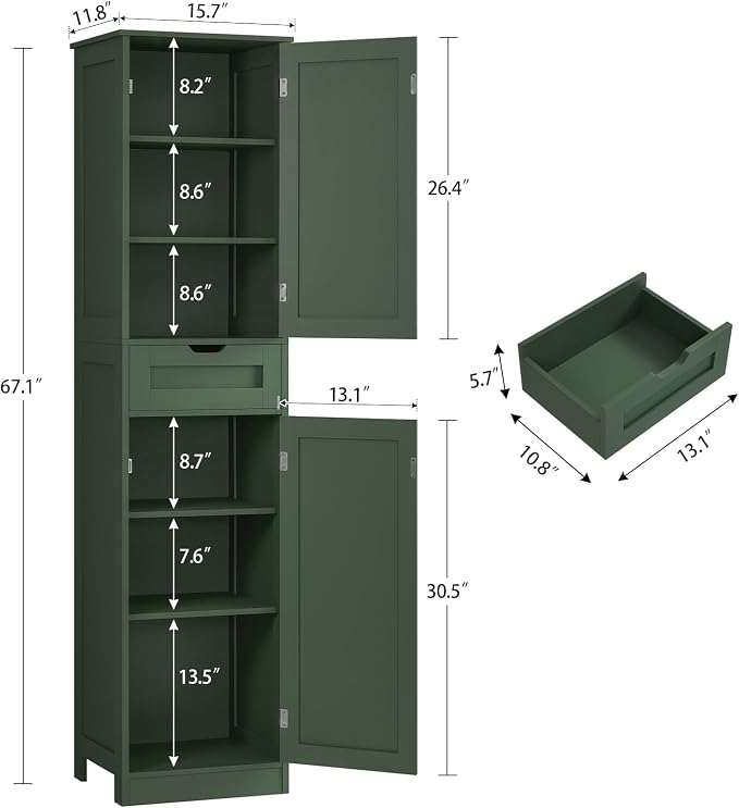 Tall Bathroom Cabinet with 2 Doors & 1 Drawer, Narrow Bathroom Storage Cabinet with Adjustable Shelves, for Living Room, Entryway, Kitchen, Forest Green