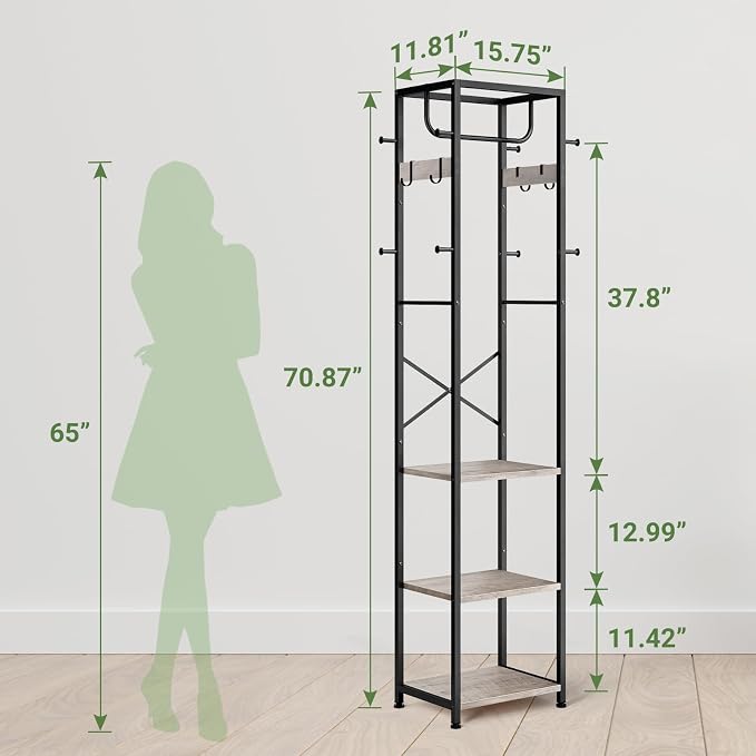 Coat Rack Freestanding, Hall Tree with 3 Shelves and 12 Hooks, Greige | Industrial Metal Frame, Space-Saving Design, Clothes Rack Stand Organizer for Bedroom, Hallway, Entryway, Office, Living Room