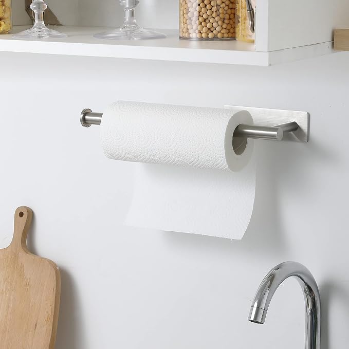 theaoo Under Cabinet Paper Towel Holder for Kitchen, Wall Mount, Silver | Adhesive Paper Towel Roll Rack for Bathroom or Kitchen, SUS304 Stainless Steel, Self-Adhesive or Screw Installation