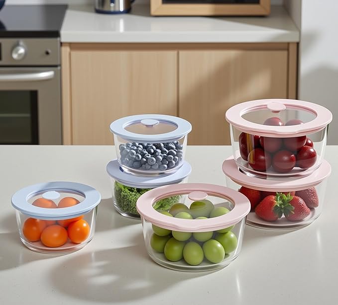 Glass Food Container Set with Glass Lid, 6 Pack, Meal Prep Containers with Silicone Framed Airtight Lid, Leakproof, 100% Plastic Free,