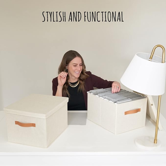 Decorative File Organizer Box Set of 2 - Collapsible Linen Filing Cabinets | Stores Documents and Hanging File Folders - Portable Office Crates with Lid and Handles for Easy Slide Access