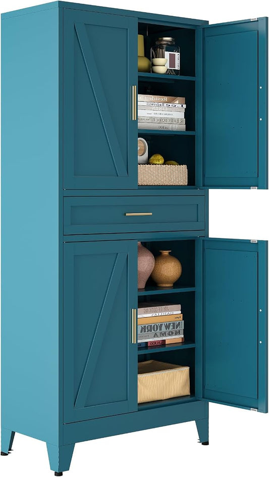 Bevivog 71" Kitchen Pantry Cabinet, Metal Storage Cabinet with Drawer, 2 Doors and 4 Adjustable Shelves Cabinet for Home Office Laundry Living Room Farmhouse Blue Metal Pantry
