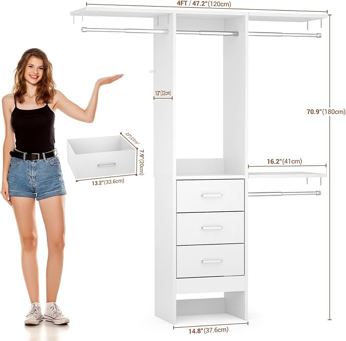 Besiost 4FT Small Closet System with 3 Fabric Drawers, 48'' Closet Organizer System With 3 Adjustable Shelves, Flexible Built-In Clothes Garment Rack for Small Space, 48" L x 13" W x 71" H, Pure White
