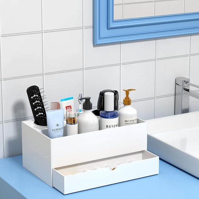 NIUBEE Acrylic Hair Tool Organizer with Drawer, Hair Dryer Holder Organizer | White, Hot Tools Organizer Countertop with 3 Cups, Hair Blow Dryer Storage for Curling Iron, Brush, Straightener, Bathroom