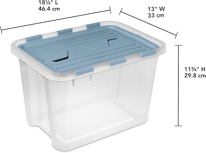 Sterilite 18 Pack Hinged Lid Storage Box, 30 Qt Plastic Container, Washed Blue - Home Organizer Tote for Storing Shoes, Crafts, Clothing, or Decor