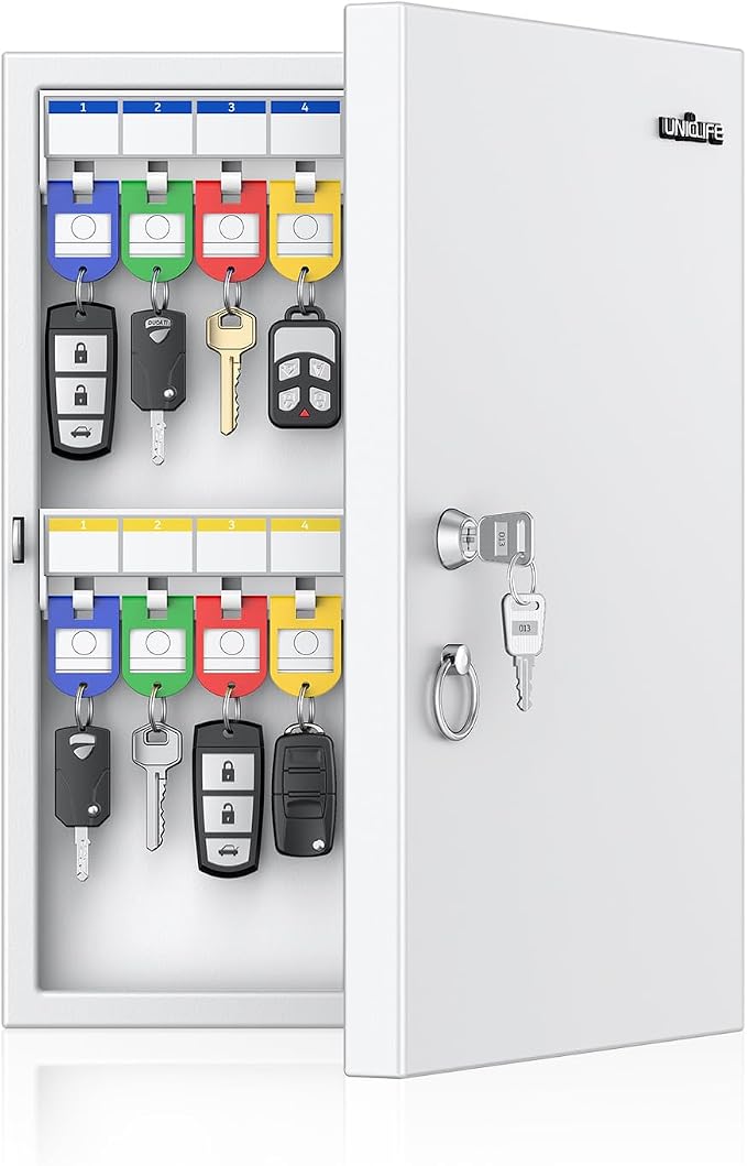 Uniclife 32 Position White Key Lock Box, Wall Mount Key Box, Car Key Organizer with Writable Key Racks and Tags, Security Key Cabinet, Car Key Holder Storage Box for Office Hotel & Company