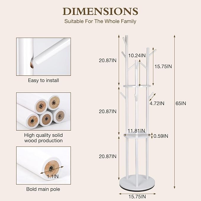 Wood Coat Rack Freestanding Rotary Coat tree with 3 Shelves and 9 Hooks | Heavy Duty Coat Rack Coat Hanger Stand for Entryway, Bedroom, Living Room – Holds Jackets, Coats, Hats, Bags (White)