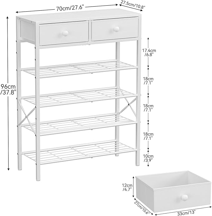 5 Tier Shoe Rack with 2 Drawers, 16-20 Pairs Greige | Holds 16-20 pairs. 2 drawers for socks/keys. Removable layer for boots. Anti-tip kit included. Quick assembly.