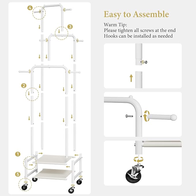Chrislley Small Clothing Rack With Wheels & 2 Shelves, Narrow Clothes Rack | 3-Section Different Heights Metal Rolling Garment Rack, 71" Tall Portable Coat Rack with 6 Hooks for Bedroom, Entryway, White