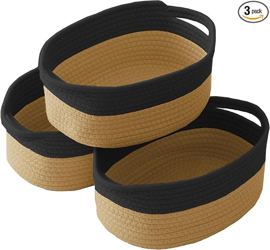 JMvicyroam Small Woven Basket, Empty Gift Basket, Black&Jute/3 Pack | Small Gift Basket, Cotton Rope, 12 x 8 x 83 in, Handles, Includes Ribbon and Bag, Birthday Gift Basket