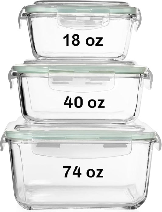 Razab 6 PC Square Glass Food Storage Containers with Airtight lids (74, 40 & 18 oz) Kitchen Glass Meal Prep Containers Set for Freezer Reusable Leftover Lunch Boxes, Oven, Microwave, Dishwasher Safe