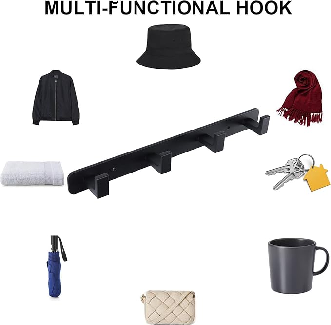 Coat Rack, Heavy Duty Stainless Steel 4 Tri Coat Hook Hanger, Wall Mounted Wall Hooks, Rustic Clothes Hook/Key Hook Rail for Bathroom Kitchen Entryway(2 Pack, 4 Hook Black)