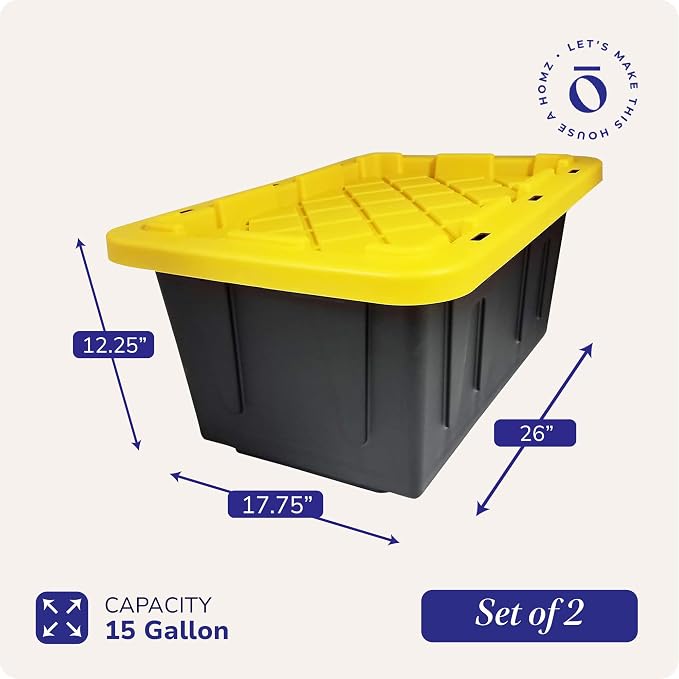 HOMZ Durabilt Plastic Storage Bins with Lids, 15 Gal, Black/Yellow, 2 Pack | Heavy-Duty Large Stackable Container Boxes for Home, Attic, and Garage Organization