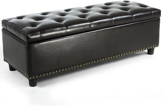 BELLEZE Storage Ottoman, Tufted Ottoman with Close Hinge, Foot Rest for Living Room (Dark Brown, 47 inch)