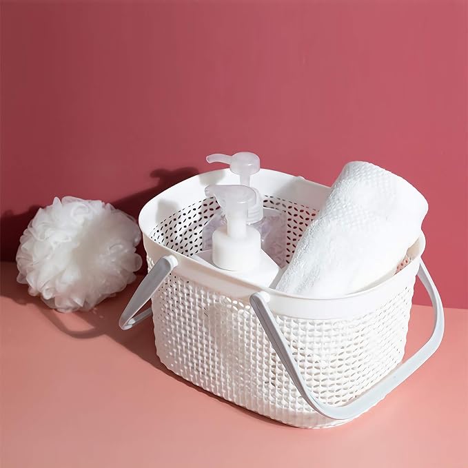 rejomiik Portable Plastic Shower Caddy Basket with Handles, White | Organizer Storage Tote Toiletry Bin for Bathroom, College Dorm Essentials, Kitchen, Camp, Gym