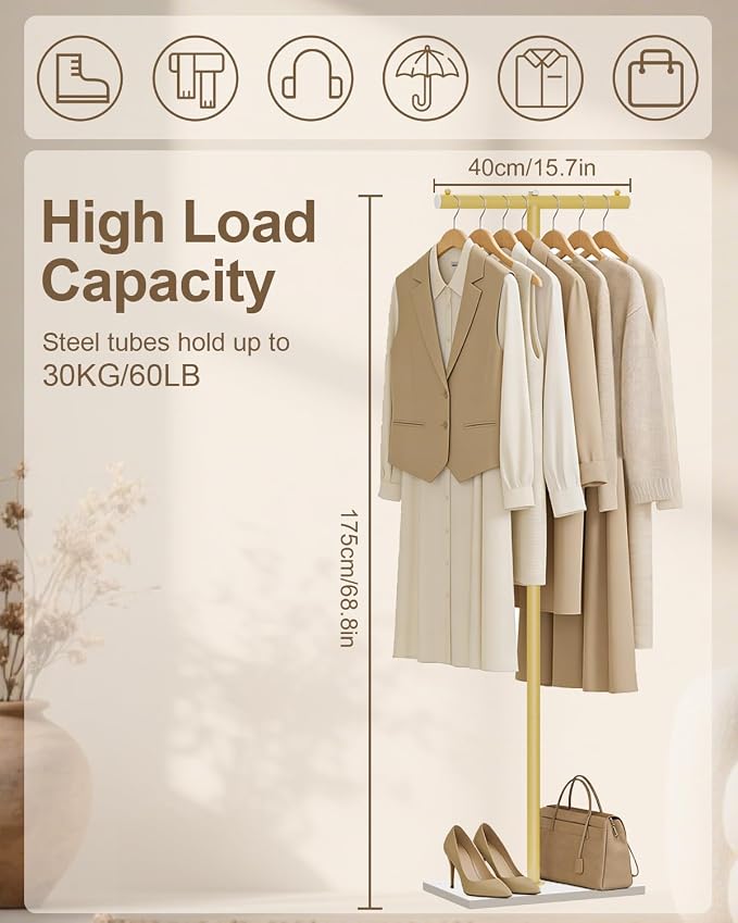 T-shaped Coat Rack Freestanding, Metal Hanger, Gold, 68.9 In High | Modern Garment Rack with Rock Slab Base, Heavy-duty Metal Clothing Hanger Stand for Bedroom, Office, Hallway, Entryway