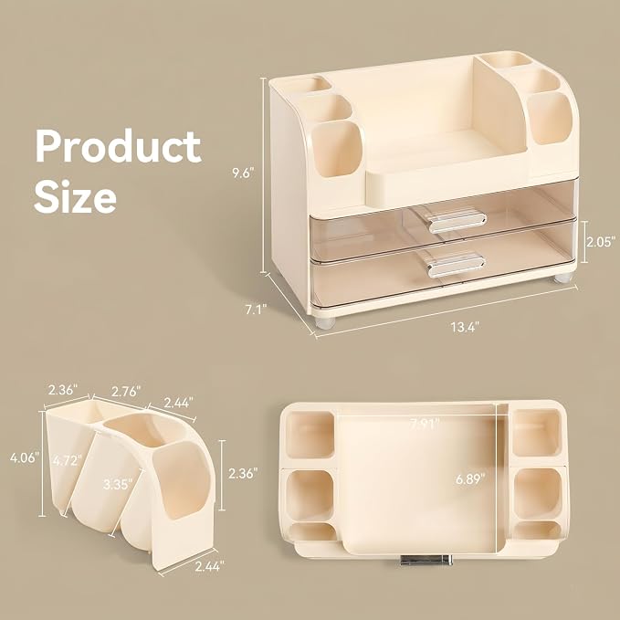 Makeup Organizer for Vanity with 2 Large Drawers and 6 Brush Holders, Cream | Large-Capacity Makeup Holder Keeps Skincare and Cosmetics Organized and Easy to Reach on Vanity or Bathroom Counters