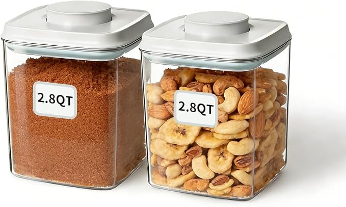 Airtight Food Storage Containers Set with One-Touch Lid, 2-Pack (2.8 QT / 2.65 L) Stackable PET, Best for Cereal, Flour, Rice & Baking Organizers.