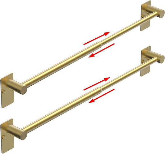 Towel Bar, 14inch to 25inch Adjustable Towel Holder Rod, Self Adhesive Wall Mounted Hand or Body Towel Rack for Bathroom Kitchen, Stainless Steel Organizer Single Bar (Gold, 2 Pack)
