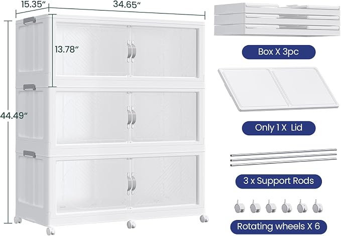 180GAL Plastic Storage Bins with Lid, 720QT Extra Large Stackable Closet Organizers and Storage, Collapsible Storage Boxes with Wheels, Folding Cabinet for Home Kitchen Office, 3Pack White