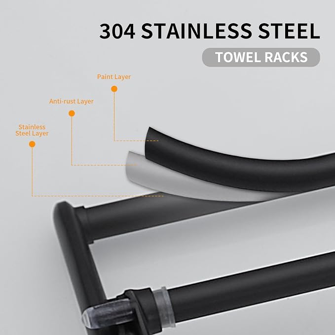 24 Inch Matte Black Towel Racks, Bathroom Towel Shelf with Foldable Towel Bar Holder and Towel Hooks, Wall Mounted Multifunctional Bathroom Accessories, Double Towel Bars
