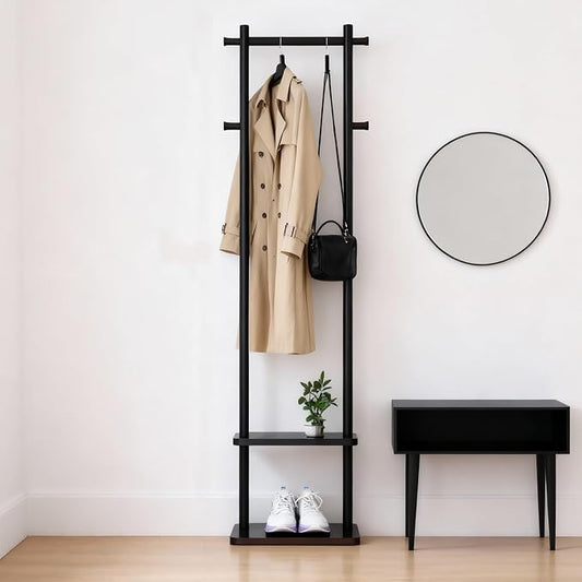 Coat Rack,Freestanding Hall Tree for Entryway Home Bedroom Office,Sturdy Wooden Coat Hanger Stand for Clothes Jacket Hats Bags(Black)