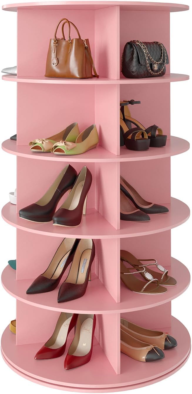 SpaceAid 5 Tier Rotating Shoe Rack Tower, Spinning Shoe Display Lazy Susan, Revolving 360 Shoe Rack Storage Round Carousel, Vertical Handbag Rotate Shoes Closet Organization (5-Tier Pink)