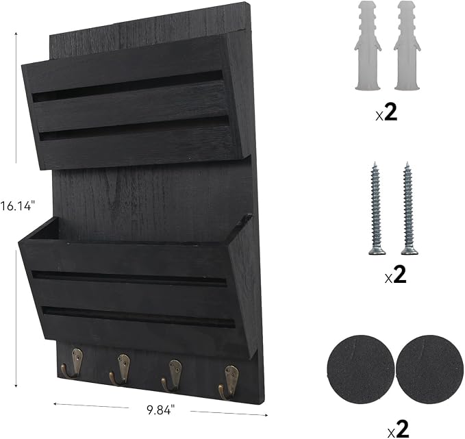 Mail Organizer Wall Mount with 4 Key Hooks, Rustic Wooden Hanging Mail Sorter Farmhouse Key Holder for Wall Decoration, 2-Slot Wall File and Magazines Bill Letter Holder