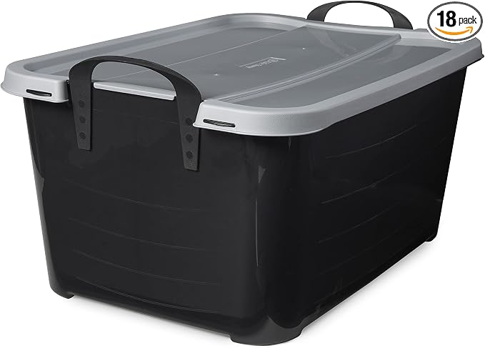 Life Story 18 Pack Heavy Duty Stackable Storage Bin, 55 Qt, Black/Gray | Versatile Home Organizer Set, Lightweight Locking Bins with Carrying Handles