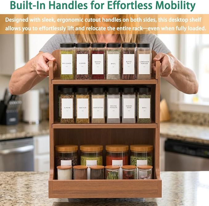Solid Wood 3-Tier Spice Rack Countertop Organizer Kitchen Storage Shelf | Sturdy wood desktop shelf for spices, coffee bars & bathroom vanities. Features portable handles & full back stability.