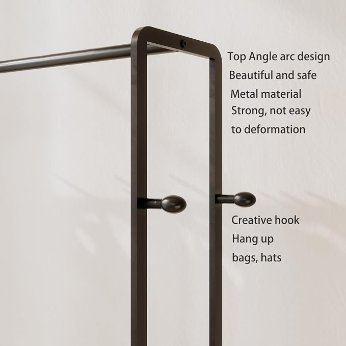 Black Rolling Garment Rack with Shelves and Hooks,Freestanding Metal Clothing Rack with Wheels,Modern Clothes Hanging Rack for Bedroom,Closet,Boutique Display