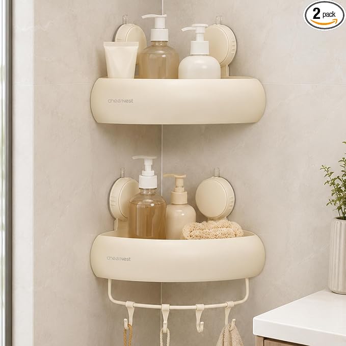 Corner Shower Caddy Suction Cup, Removable Shower Organizer Shelf | 2 Pack, Rustproof Aluminum, Includes Hooks&Hanging Bar, 2 Installation Ways, Wall-Mounted Bathroom Organizer Storage Shelves