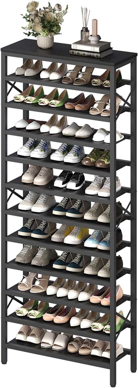 12-Tier Tall Shoe Rack Organizer, Wooden Shoe Storage for Closet Holds 48 Pairs, Sturdy Shoe Shelf with X-Shaped Metal Support, for Entryway, Bedroom, Black SS212BB