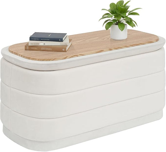 B FSOBEIIALEO Velvet Storage Ottoman with Tray, Folding Ottoman with Storage Coffee Table Shoes Bench for Dorm Room, Living Room White, 30"x15"x15"