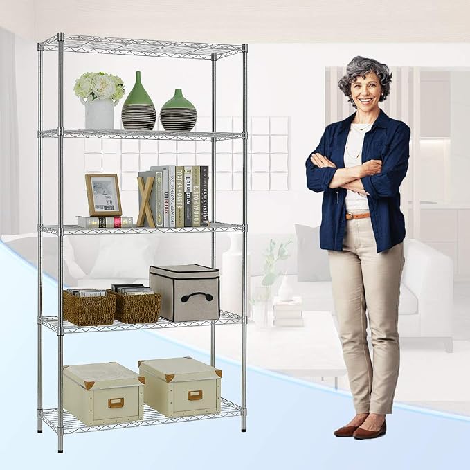 BestOffice | 5-Tier Wire Shelf | 36" x 14" x 72" | Chrome | Storage Shelves with Adjustable Racks, Holds upto 1000 lbs | Rust-Resistant, No-Tool Assembly | For Home, Garage