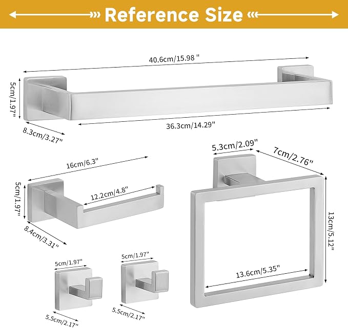 5 Piece Bathroom Towel Bar Set - SUS304 Stainless Steel Brushed Nickel Bath Towel Holder, 16 Inch Towel Racks for Bathroom Wall Mounted, Bathroom Hardware Accessories Set