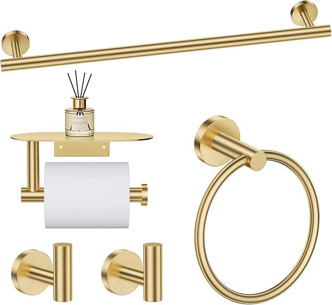 TURS Brushed Gold 5 Piece Bathroom Hardware Set, SUS304 Stainless Steel Bath Towel Bar Set, Bathroom Towel Rack Set Wall Mounted