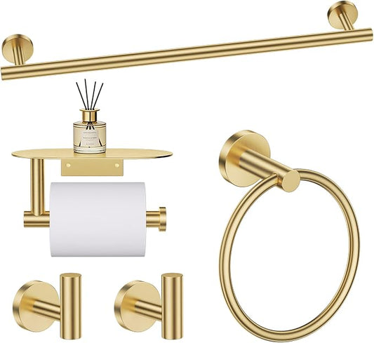 TURS Brushed Gold 5 Piece Bathroom Hardware Set, SUS304 Stainless Steel Bath Towel Bar Set, Bathroom Towel Rack Set Wall Mounted
