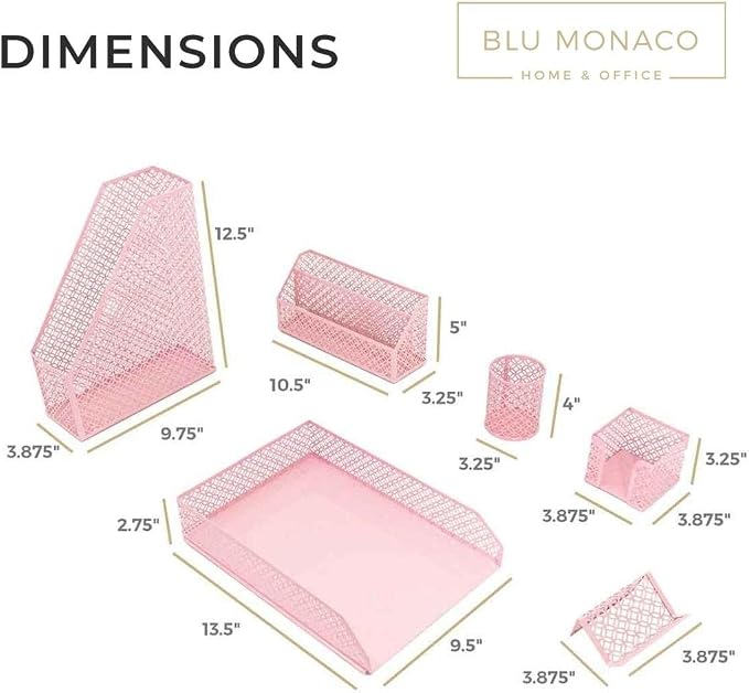 BLU MONACO Pink Desk Organizer Set | 6-Piece Metal Desktop Accessories | Mail Sorter Organizer Countertop | Letter Sorter for Desk | Mesh Pen Holder | Home Office or Dorm