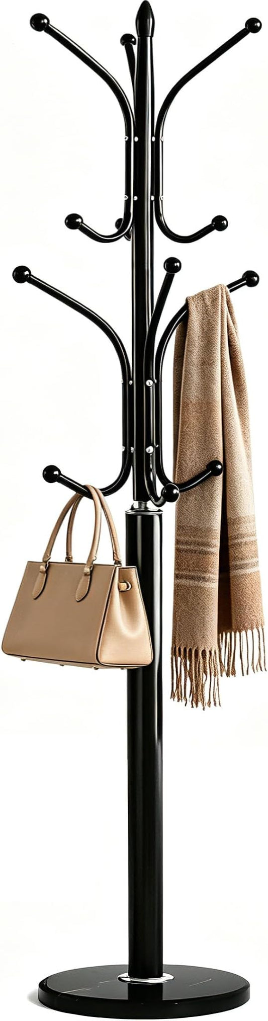 12 Hooks Metal Coat Rack Freestanding Coat Tree with Marble Base, Heavy Duty Coat Rack Stand for Clothes Hats Bags, Coat Hanger Stand for Corner Entryway Bedroom Office (Black)