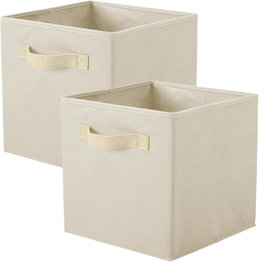 PowerKing Collapsible Storage Cubes, Farbic Storage Bins, Cream, 2 Pack | Sturdy, Lightweight, Easy Pull Handle, Closet & Shelf Organizer, Clothes and Toys Storage, 10.5'' x 11'' x 10.5''