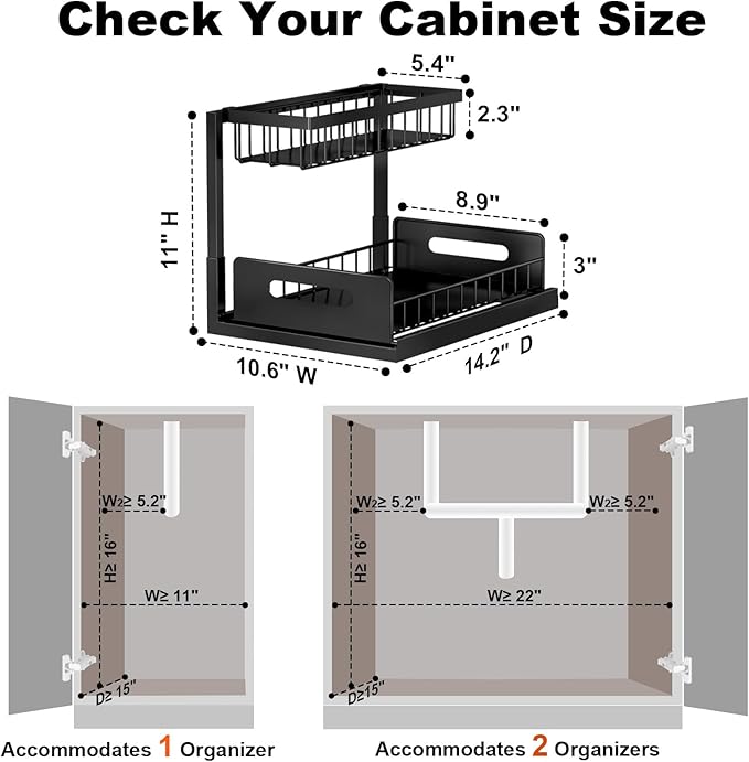 REALINN Under Sink Organizer, L-Shaped 2 Tier Pull Out Cabinet Organizer for Kitchen and Bathroom, Slide Out Under Cabinet Storage, Metal Under Sink Storage with Sliding Drawer, 50 lbs, Black 2 Pack