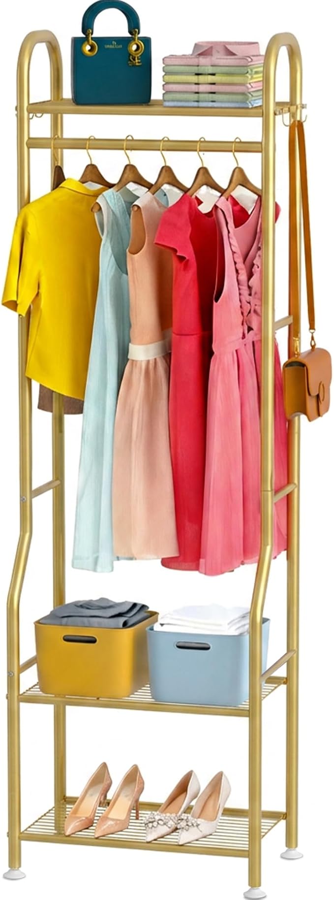 GloTika Narrow Clothes Rack - Clothing Rack with 3 Tier Metal Shelves, 71.9 Inch Tall Garment Rack with 8 Hooks, Freestanding Closet Organizer with Adjustable Leveling Feet for Small Space (Gold)