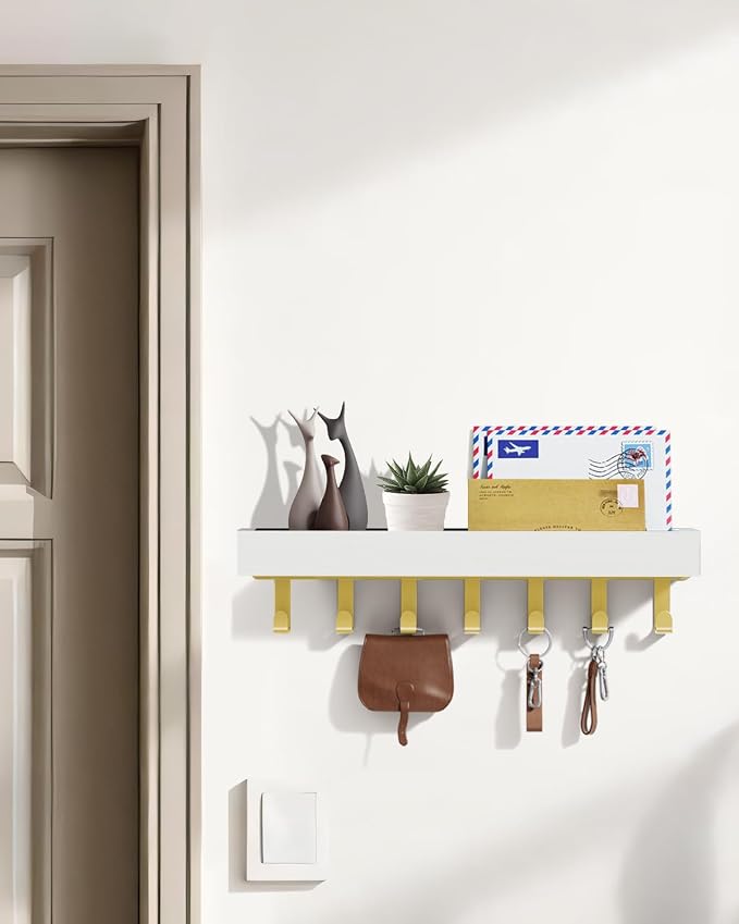 Key Holder Wall Mount Magnetic Adhesive - Key Hooks Rack with shelf | Key Hanger with Mail Organizer for RV Camper Fridge Living Room Decor, Home Essentials, Large Gold White