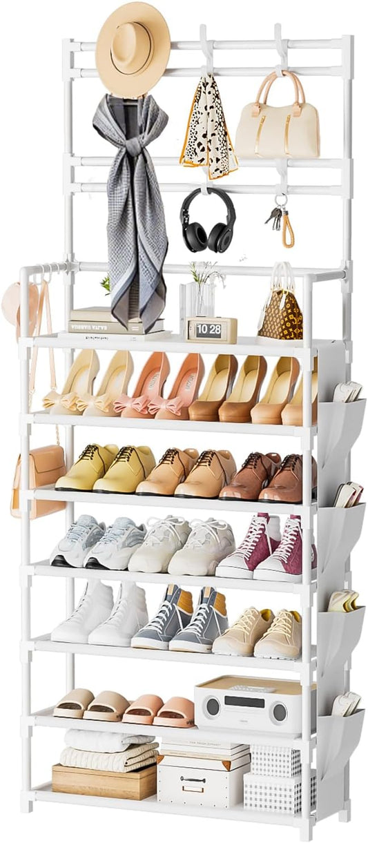 Shoe Rack 7 Tier Shoe Organizer Storage 21-28 Pairs | Closet Shoes Rack for Front Door Entrance Shoe Rack Organizer with Hooks Side Pocket Entryway Large Capacity Shoe Shelf Tower