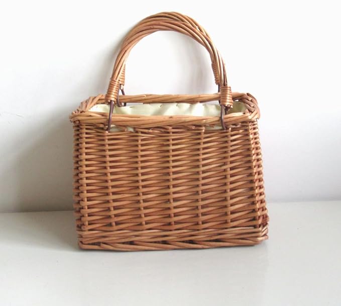 Wicker Storage Basket Handles Handwoven Rattan Organizer for Home Tabletop Use Decorative Wicker Baskets for Blankets and Toys Rustic Style