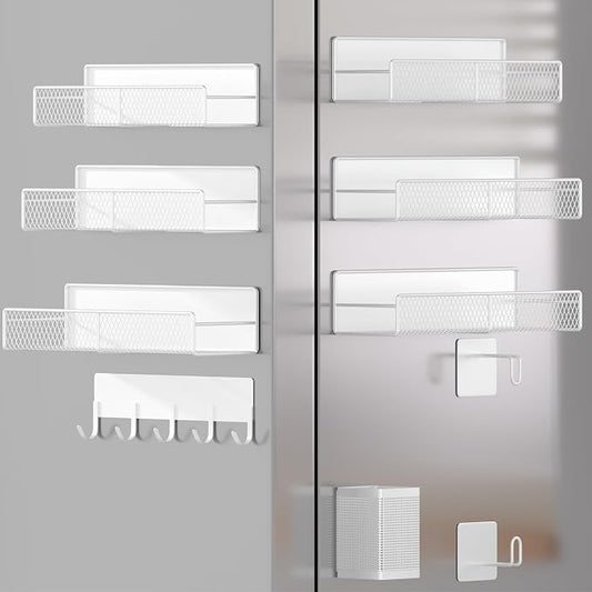 Magnetic Spice Rack for Refrigerator, 10 Pack Metal Magnetic Shelf, Moveable Spice Organizer with Hook Rack, Paper Towel Holder, Kitchenware Holder, Strong Magnetic Storage Fridge Organizer White