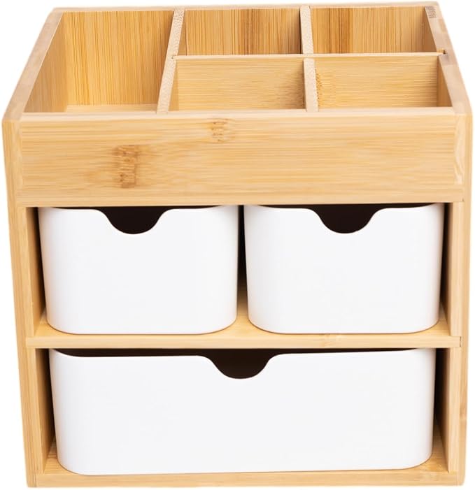 Small Bamboo Makeup Organizer（5.7" D x 8" W x 7.5" H） | Dresser Cosmetic Organizer Box Bamboo Desk Organizer for Home, Adjustable Dividers 3 Drawers
